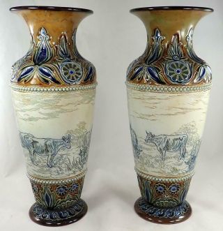 Incredible Pair Big Antique 16 " Royal Doulton Lambeth Hannah Barlow Cow Vases