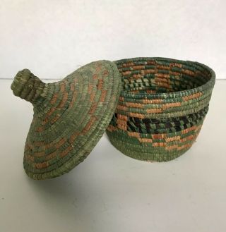 Vintage Coil Woven Handmade Round Basket With Lid Rattan Wicker Boho Storage