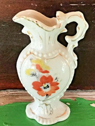 Vintage Miniature Porcelain Pitcher W/gold Trim,  Flowers 3 1/4 " High - Japan