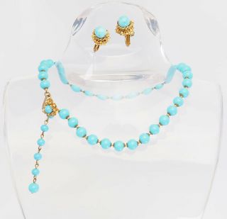 Vintage Blue Glass Necklace And Earrings Set By Miriam Haskell