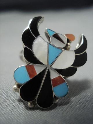 Detailed Detailed Vintage Zuni Turquoise Coral Sterling Siilver Ring