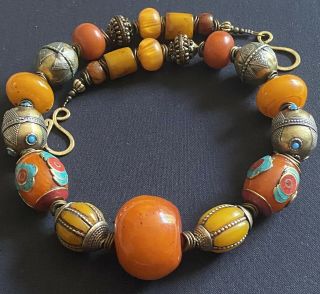 Berber Copal African Resin Amber & Brass Vintage Tibetan Beaded Yemeni Necklace.