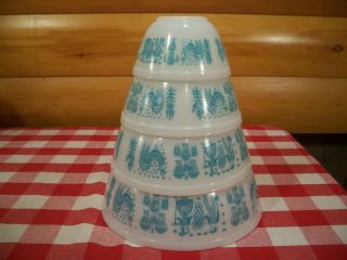 Vintage Pyrex Mixing Bowls Turquoise Amish / Butterprint Set Of 4