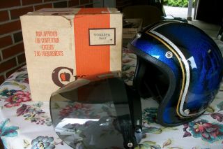 Vintage 1966 - 69 Crown Cx901 Monarch Motorcycle Helmet Blue Flake Bell Buco