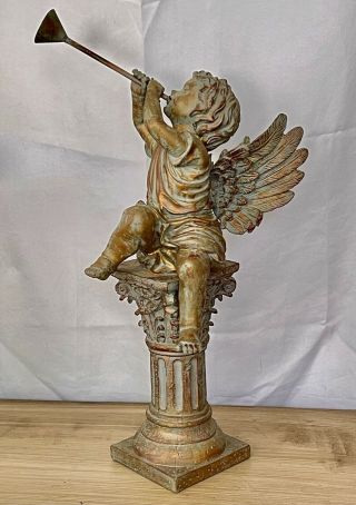 Vintage 1950s French Spelter Winged Cherub On Column Blowing A Horn