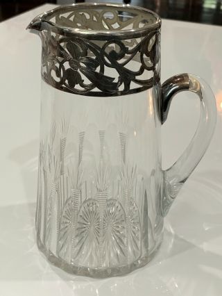 Vintage Possibly Antique Sterling Silver Flower Overlay Glass Pitcher