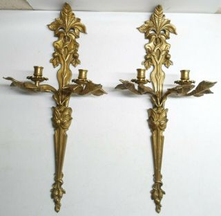 Unique Vintage Ornate Heavy Brass Candle Holders,  Wall Sconces 23.  5 "