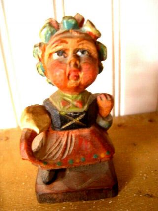 Vintage 3 " Hand Carved Wood Girl With Basket Very Sweet