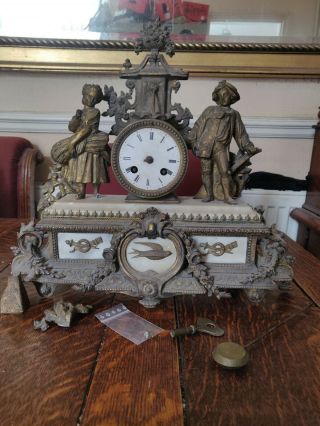 Late 19th Century French Gilted Metal And White Marble Mantle Clock By Japs.
