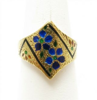 Vintage 14k Yellow Gold Multi - Color Enamel Flowers Textured Bypass Style Ring