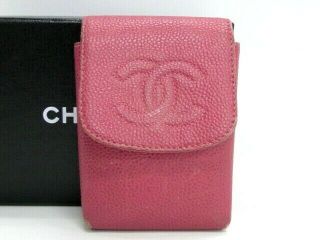 Chanel Cigarette Case Pouch Cc Logo Caviar Skin Leather Pink Italy 31180088600 K