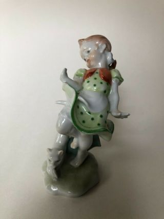 Herend Hand Painted Porcelain Figurine,  Hungarian Girl Playing With Cat