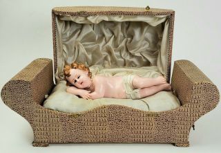 Antique Wax Doll In Musical Sofa Box Mechanical Automaton Jesus Music Baby Toy