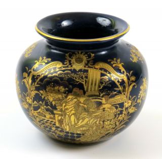 Vintage Small Round Porcelain Vase,  Dark Blue With Gold Artwork & Trim,  4 "