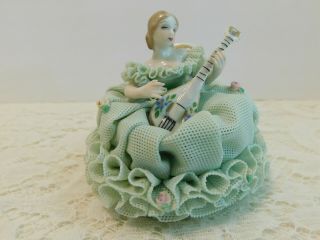 M.  Volkstedt Irish Dresden Figurine Porcelain Lace Lady,  Mandolin -