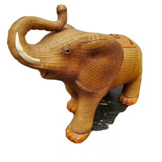Vintage Shanghai Handcrafts Elephant Woven Wicker & Wood Basket 10 " X 12