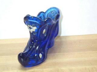 Vintage Fenton Cobalt Blue Glass Hand Painted Boot Shoe Signed T Miller 3 " Tall