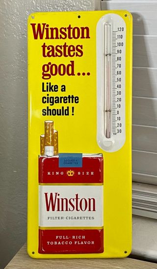 Vintage Winston Cigarettes Tobacco Embossed Metal Thermometer Sign Usa Made