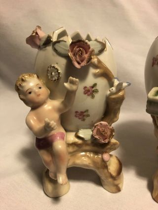 Vintage Pair Easter L.  & M.  Porcelain Bond Ware Egg Vase with Cherub Figurines 3