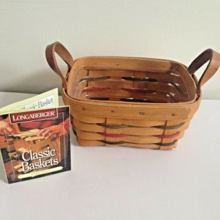 1995 Longaberger Tea Basket With Protecter 2 Leather Handles 5” X 7” W/ Brochure