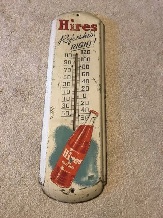 Vintage Hires Root Beer Soda Pop Tin Thermometer Advertising Sign 1940s