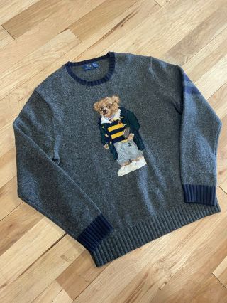 Vtg Polo Ralph Lauren Bear Knit Sweater Vintage Footbal Large Rrl