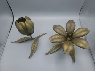 2 Vintage Brass Lotus Flower Ashtray Removable Petals Hollywood Regency Mcm