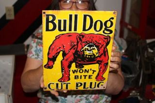 Bulldog Bull Dog Cut Plug Chewing Tobacco Gas Oil Porcelain Metal Sign