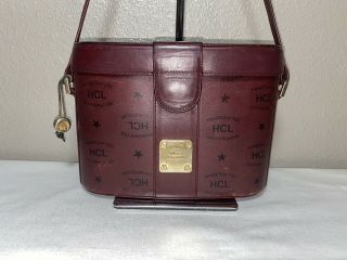 Hcl W Germany Vtg Burgundy Leather Logo Hard Case Pillbox Crossbody Bag Purse