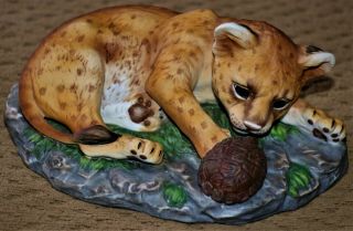 Masterpiece By Homco Lion/tiger Cub With Turtle Figurine Porcelain Home Interior