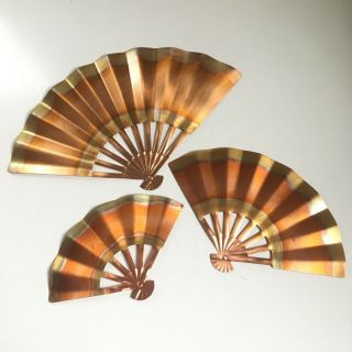 Set Of 3 Vintage Metal Art Deco Hand Fan Art Wall Decor Mcm Copper Gold Tones