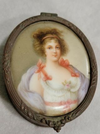 Antique Victorian Bronze Jewelry Box With Hand Painted Portrait On Porcelain
