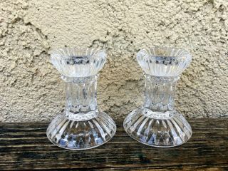 Set Of 2 Very Small Clear Crystal Candle Holders Candlesticks,  Taper Or Votive