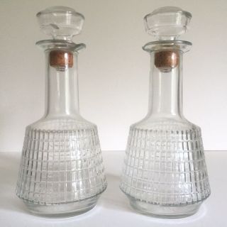 Vintage Mid Century Modernist Square Cut Glass Decanter Bottles - Set Of 2