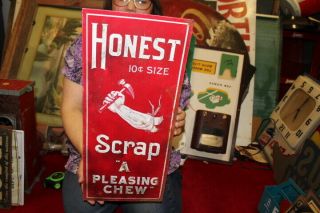 Vintage Honest Scrap 10c Chewing Tobacco Store Gas Oil 21 " Embossed Metal Sign