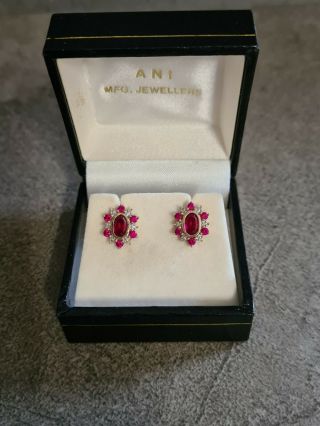 Vintage 9ct Yellow Gold Natural Ruby And Diamond Oval Cluster Stud Earrings