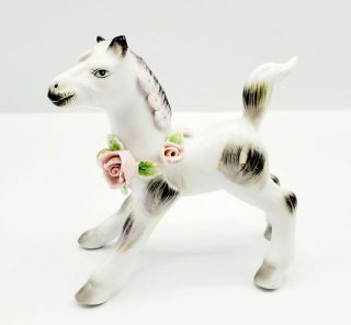 Vintage White Porcelain Pony Horse Figurine With Applied Roses Made In Japan