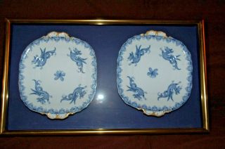 Pair Antique English Circa 1865 Davenport Blue White Dragon China 2 Plates