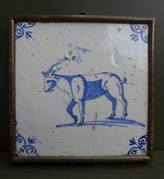 Rare Antique Delftware Tile With Decor Of A Goat,  17th.  Century.
