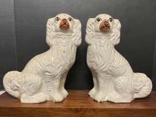 Pair 12 1/2” Large 19thc Staffordshire White Spaniel Dogs C1880s