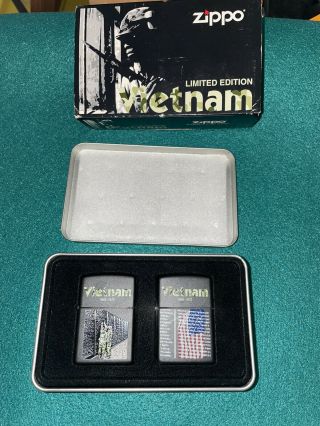 1998 Zippo Vietnam 1965 - 72 2 Lighter Set Matte Black With Tin Unfired Gift Set