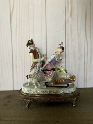 Antique Porcelain Capodimonte Lamp - Base Courting Couple Figurine On Couch W/ Dog