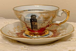 Vintage Mini Tea Cup And Saucer Italy Pisa - Piazza Del Duomo Gold Trim