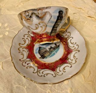 Vintage Mini Tea Cup and Saucer Italy PISA - PIAZZA DEL DUOMO Gold Trim 3