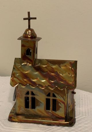 Vintage Copper Tin Art Sculpture Music Box Church 6 " Winds Up Plays