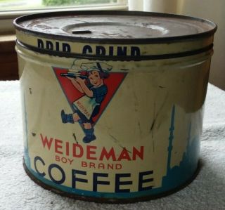 Vintage Weideman Boy Brand Coffee 1 Lb Key Wind Tin Can