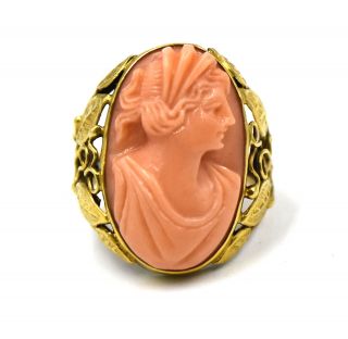 Antique Art Nouveau Carved Coral Cameo Ring Floral Filigree 14k Gold Size 4.  75