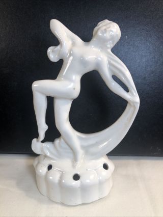 Vintage Art Deco Pottery Flower Frog Nude Woman Dancing With Scarf Moon 6 1/4”