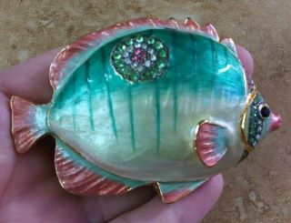 Blue Green & Gold Fish Trinket Box Base Metal & Hand Painted Enamel W/ Crystals