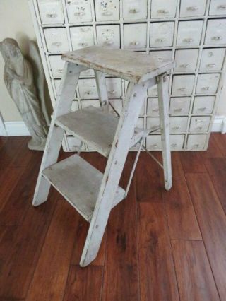 The Best Old Vintage Wood Step Ladder Step Stool Time Worn White Folds Down
